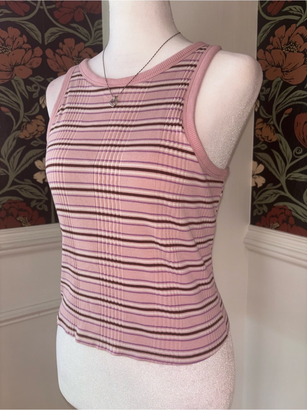 PINK Striped Ribbed Tank Top Built-In Bra Y2K Preppy - Picture 5 of 10